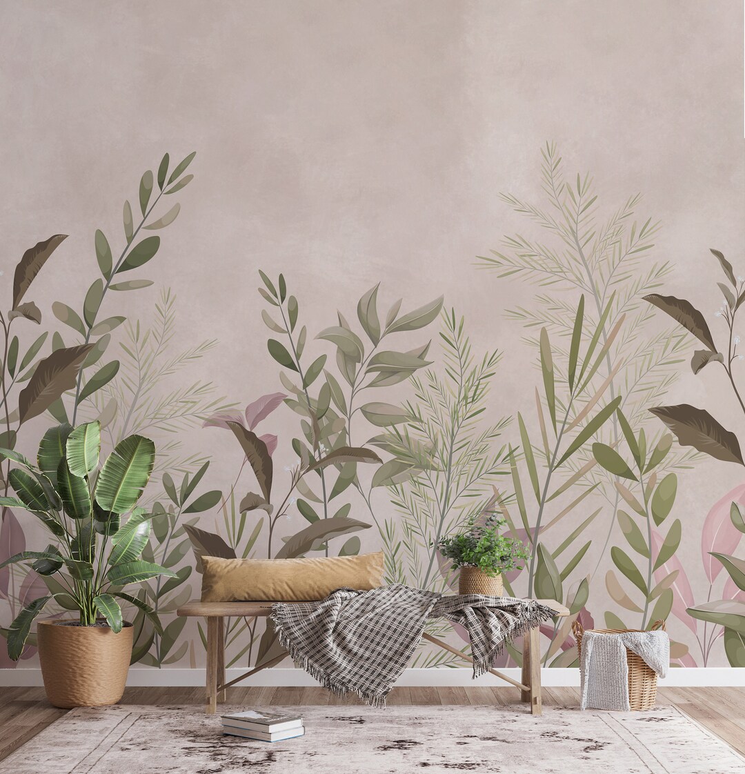 Botanical Wallpaper Mural - Peel and Stick Nature Wall Art With Vintage ...