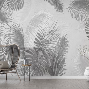 Schwarz-weiße Palmen Tapete gemalt Palma Wandbild schälen und aufkleben Exotic Grey Blätter selbstklebend by 29 Wallart
