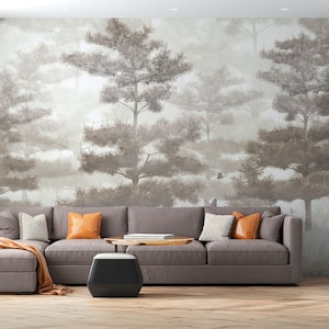 Papier peint arbres forestiers : lièvres dans la forêt brumeuse, papier peint autocollant et non tissé par 29 Wallart