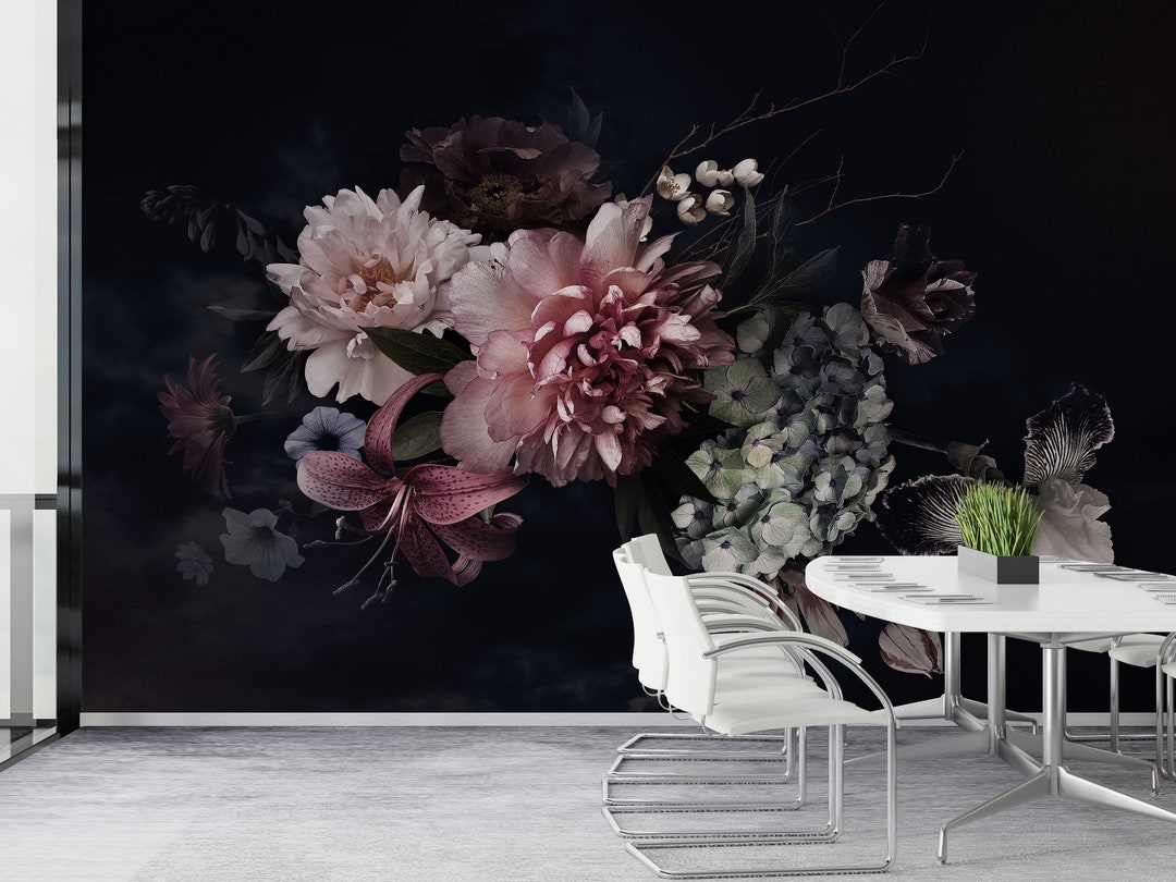 Dark Floral Wallpaper : Peel and Stick Vintage Flowers Self Adhesive ...