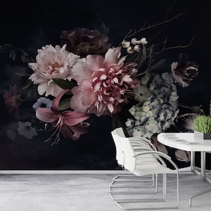 Dunkle Blumentapete: Selbstklebende Tapete mit Vintage-Blumen zum Abziehen und Aufkleben von 29 Wallart