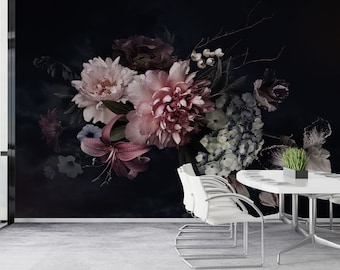 Dark Floral Wallpaper : Peel and Stick Vintage Flowers Self Adhesive wallpaper by 29 Wallart