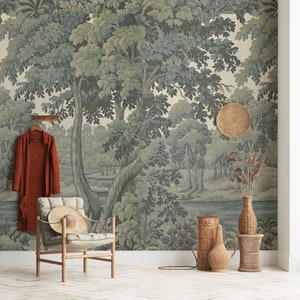 Scenic wallpaper mural showcasing a serene forest in sage green tones, perfect for home decor.
