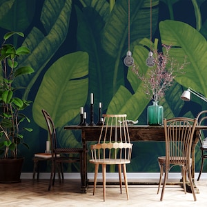 Carta da parati autoadesiva con foglie di banano verde, stacca e attacca, murales con foglie tropicali, carta da parati per soggiorno, bagno di 29 Wallart