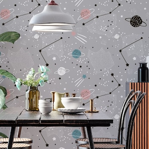 Gray Space Wallpaper Mural with Planets, Stars, and Solar System Removable Wallpaper-B62