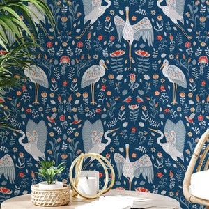 White storks Bird Wallpaper Self Adhesive Removable blue floral Wall Mural Peel and Stick Wallpapers Folk Art Wall Mural 29 Wallart
