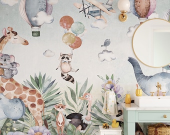 Nursery Wall Design Watercolor Kids Animal Wallpaper Mural | Peel and Stick | Kids wall design | Peel and Stick Removable by 29 Wallart