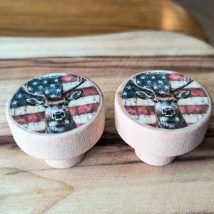 Deer Cabinet Knobs | Set Of 2 Wooden Cabinet Knobs | Drawer Pulls Hardware | Deer And American Flag Cabinet Knobs| Man Cave Decor