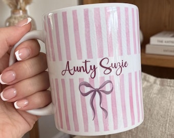 Personalised Aunty Mug, Personalised Auntie Mug, Customised Aunty Mug, Aunty Gift, Aunt Mug, Birthday Present, Watercolour Stripes and Bow