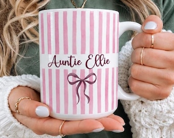 Personalised Aunty Mug, Personalised Auntie Mug, Customised Aunty Mug, Aunty Gift, Aunt Mug, Birthday Present, Watercolour Stripes and Bow
