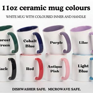 May include: Eight 11oz ceramic mugs arranged in two rows. Each mug is white with a coloured interior and handle in forest green, cobalt blue, purple, lilac, black, red, antique pink, or light blue. Text reads 11oz ceramic mug colours.