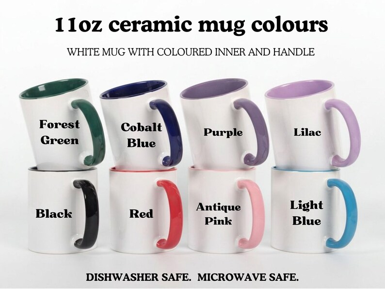 May include: Eight 11oz ceramic mugs arranged in two rows. Each mug is white with a coloured interior and handle in forest green, cobalt blue, purple, lilac, black, red, antique pink, or light blue. Text reads 11oz ceramic mug colours.