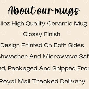 May include: Text on a beige background with white polka dots reads "About our mugs." Additional text describes the mugs as high quality ceramic, with a glossy finish, design printed on both sides, and dishwasher and microwave safe.