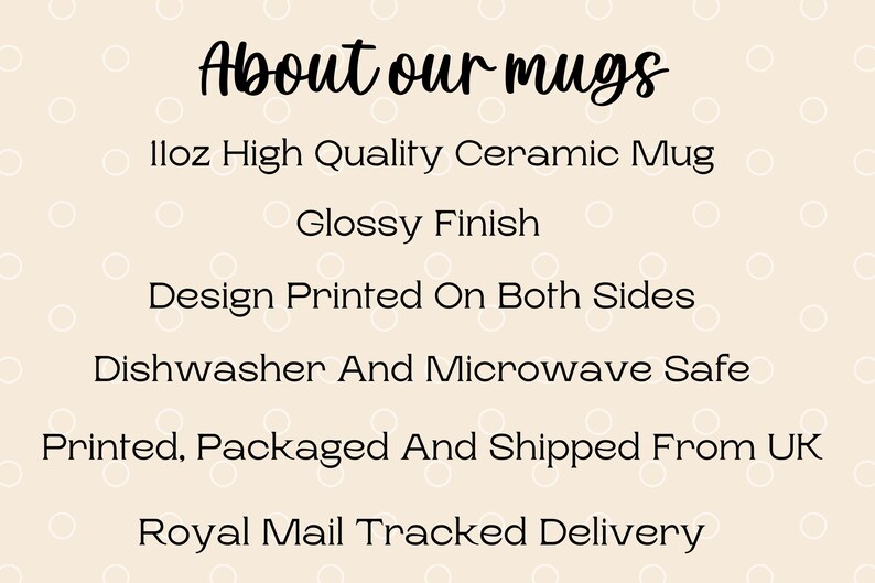 May include: Text on a beige background with white polka dots reads "About our mugs." Additional text describes the mugs as high quality ceramic, with a glossy finish, design printed on both sides, and dishwasher and microwave safe.