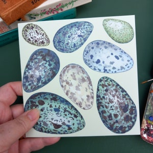 Tarjeta de racimo de huevos de córvidos, tarjeta de pintura de huevos, ilustraciones de huevos de pájaros córvidos, tarjeta de felicitación de huevos de pájaro, cuervo, arrendajo, huevos de urraca