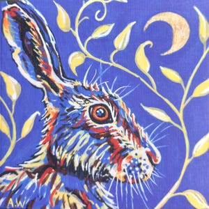 Kaart maan starende haas, haaswenskaart, reproductie van het schilderij van een haas van mijn originele schilderij