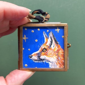 Dipinto originale volpe su foglia d’oro, arte volpe con luna sul retro, dipinto incorniciato in miniatura, icona volpe dipinta a mano di Abigail Whelan