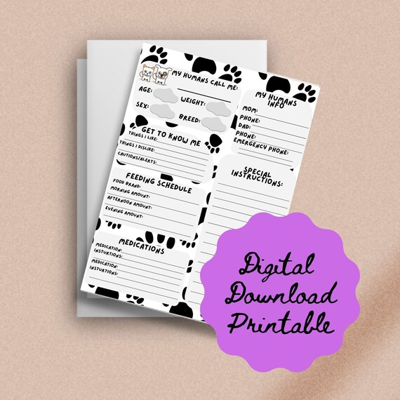 Printable Pet Sitter Sheet Pet Chart Pet Information Sheet | Etsy