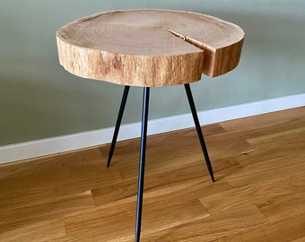 Side Table "Finn" Tree Disc Round Oak Wood Handmade Coffee Table Plant Stool Metal