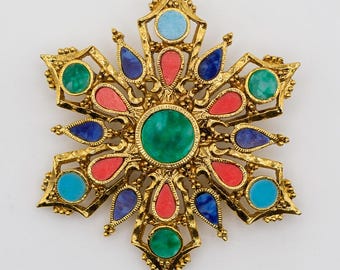 RARE Vintage ART Arthur Pepper Maltese Cross Brooch | Colorful Cabochon Statement Pin Gold Tone