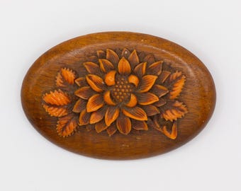 Vintage Carved Celluloid Floral Brooch Pin on Wood | Large Brown Flower Bouquet Brooch | 1930s–1950s Statement Pin