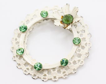 Vintage Uranium Rhinestone White Daisy Wreath Brooch Pin with