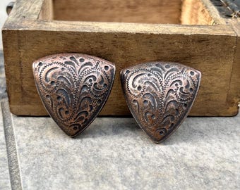 Vintage Clip On Earrings Copper Tone Etched | Triangle Earrings - Floral Engraved, Southwestern Style