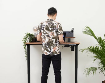 Walnut Small Standing Desk with Black Height Adjustable Frame for Home Office Desk Setup