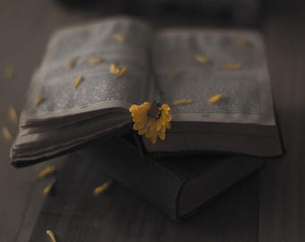Old Book, Black & White Photo, Gothic Photo, Dark Academia Decor, Flower Print, Wall Art, Wall Decor, Whimsical Photo Print, Flower Pictures