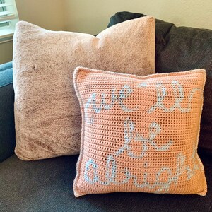 May include: Two throw pillows, one pink and fuzzy, the other crocheted with a pink background and blue lettering that says "And you were so lovely".