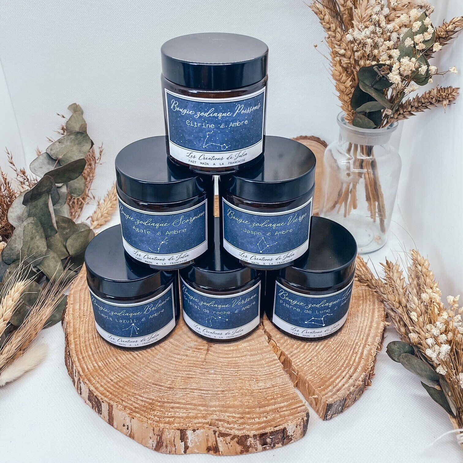 Grande Bougie Zodiaque 180Ml Bélier Taureau Gémeaux Cancer, Pierres Naturelles, Améthyste Oeil de Ti