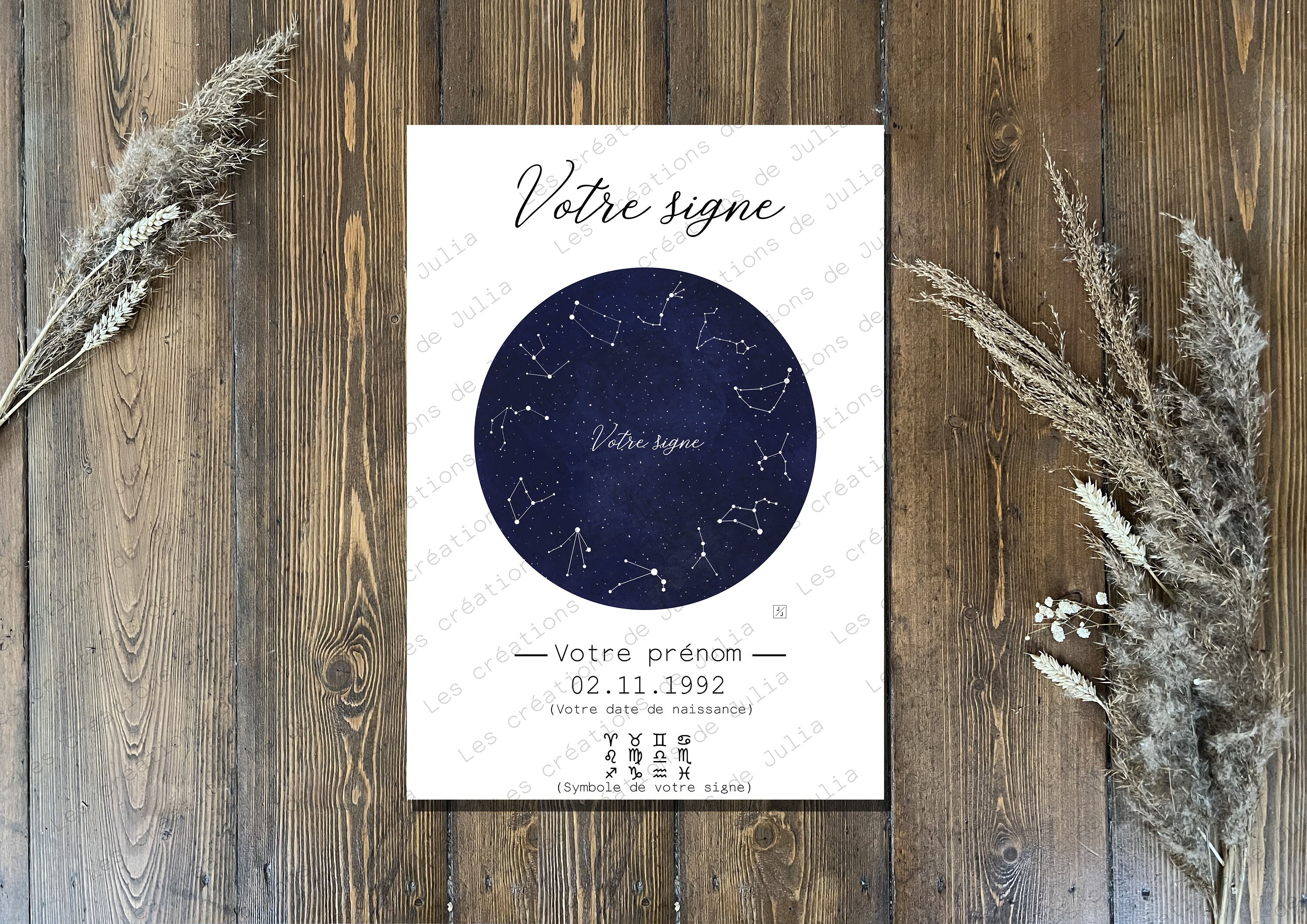Illustration Zodiaque Personnalisé, Fait Main à La Française, Dessin Aquarelle, Cadeau, Holistique, 