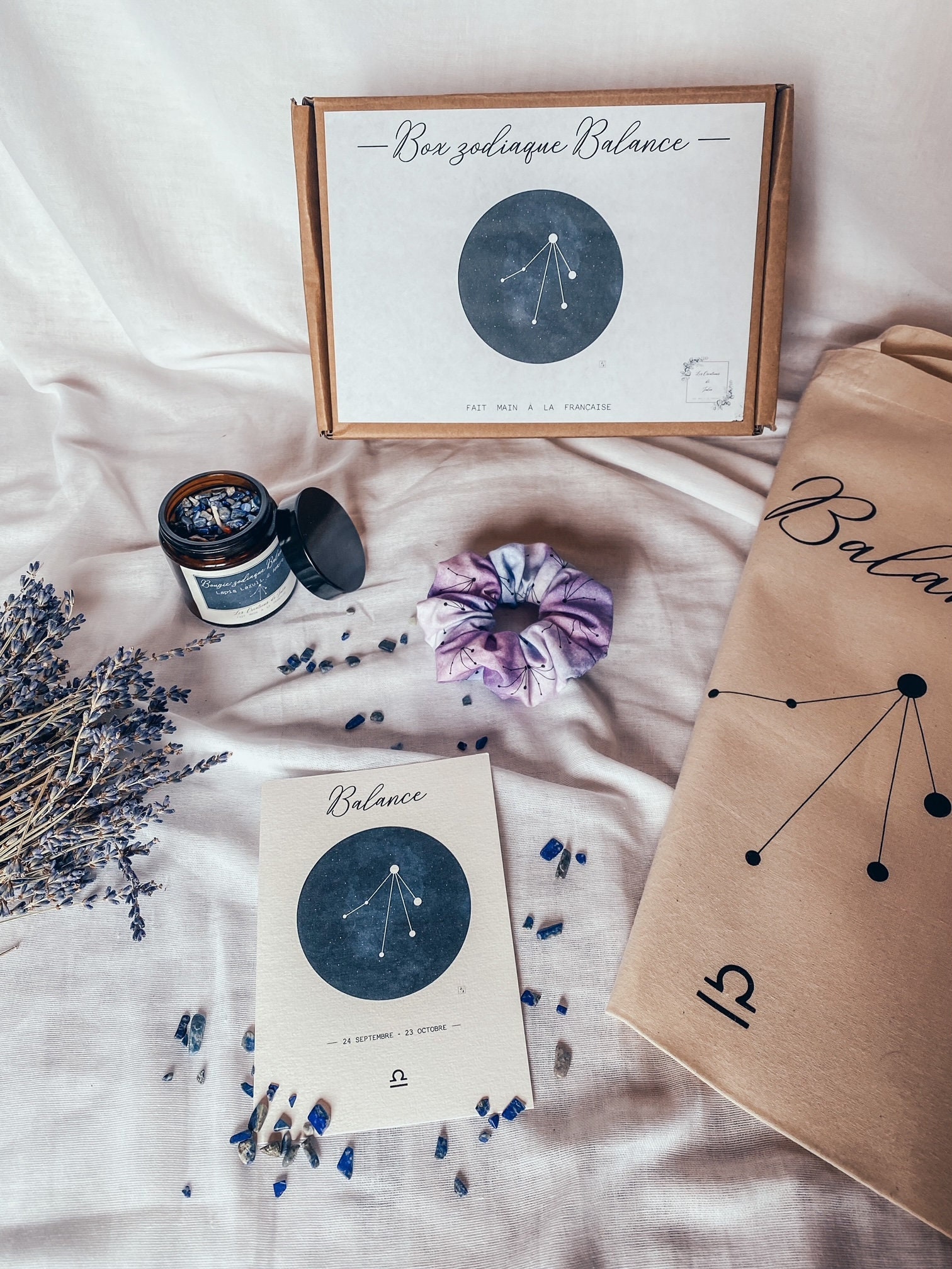 Box Zodiaque Balance, Bougie Pierres Naturelles Lapis Lazuli, Chouchou Constellation, Sac Shopping, 