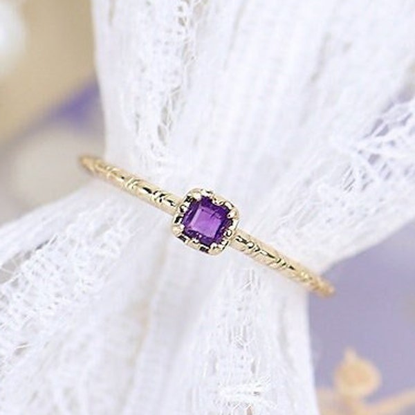 Dainty 14K Gold Plated Natural Princess Cut Amethyst Ring, Thin Gold Stackable Ring, Tiny Stack Ring, Stacking Ring,February Birthstone Ring