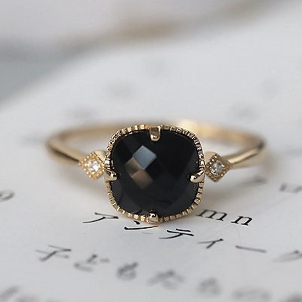 9K Solid Gold Natural Black Agate Ring, Thin Band Cushion Black Agate Stackable Ring, Black Gemstone Gold Stacking Ring, Gift For Her