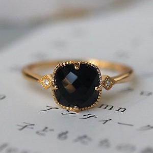 14K Gold Vermeil Natural Black Agate Ring, Sterling Silver Cushion Rose Cut Gemstone Stackable Ring, Gold Stacking Ring, Gift For Her