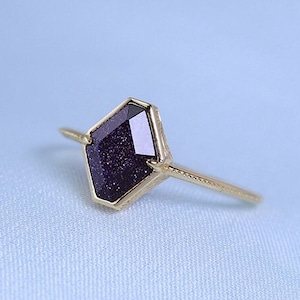 Mimimalist 9K Solid Gold Blue Sandstone Ring, Blue Goldstone Ring, Tiny Stackable Gold Ring, Stack Ring, Thin Band Gemstone Ring