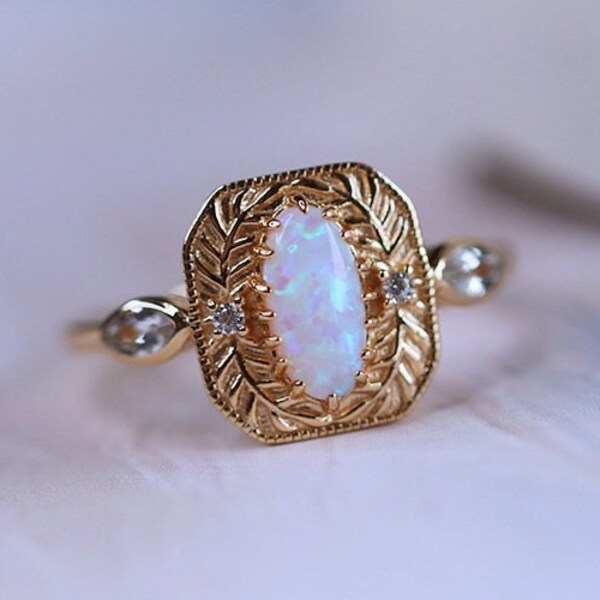 925 Sterling Silver Vintage Fire Opal Ring,  14k Gold Plated Marquise Opal Ring, Art Nouveau Ring