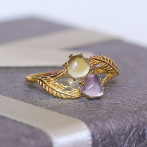 14K vermeil natural amethyst citrine ring, purple crystal and yellow crystal quartz ring, multi-gem feather ring, stackable 925 silver ring
