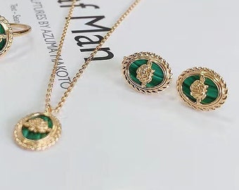 14K Gold Vermeil Malachite Rose Charm Necklace, Antique Sterling Silver Malachite Stud Earrings, Green Gemstone Art Nouveau Jewelry Set