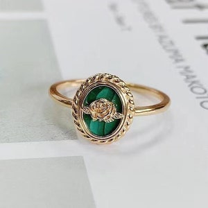 14K Gold Vermeil Malachite Rose Signet Ring, Antique Sterling Silver Statement Flower Ring, Green Gemstone Daily Ring, Gift For Her