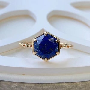 Mimimalist 14K Gold Vermeil Hexagon Natural Lapis Lazuli Ring, Sterling Silver Statement Ring, Promise Ring, Thin Band Gemstone Ring