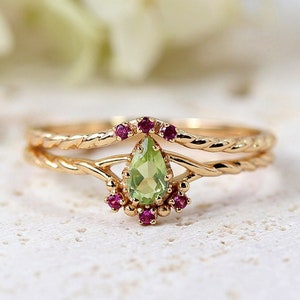 Natural Teardrop Peridot Ring Set, Dainty Olivine Stackable Ring, Green Gemstone Twisted Stack Ring, August Birthstone Ring, Gift For Her