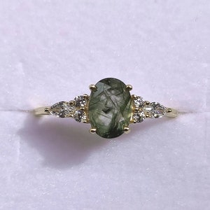 Gorgeous 9K Solid Gold Green Rutilated Quartz Ring, Green Crystal Gold Ring, Wedding Ring, Engagement Rings, Anniversary Gift