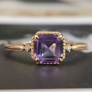 Vintage 14K Gold Vermeil Princess-cut Amethyst Ring, Amethyst Solitaire Gold Ring, S925 Silver Purple Crystal Ring, February Birthstone Ring
