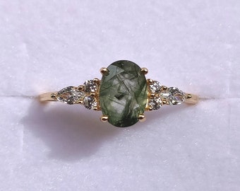 Gorgeous 14K Gold Vermeil Green Rutilated Quartz Ring, Sterling Silver Green Crystal Ring, Wedding Ring, Engagement Rings, Anniversary Gift