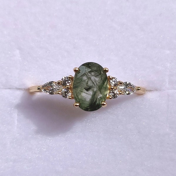 Superbe bague en quartz rutile vert vermeil or 14 carats, bague en cristal vert argent sterling, bague de mariage, bagues de fiançailles, cadeau d'anniversaire