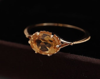 14K Gold Vermeil Natural Citrine Ring, Oval Cut Citrine Ring, November Birthstone Ring, 925 Silver Stacking Ring, Solitaire Quartz Ring