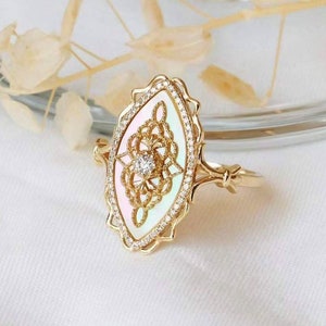 Gorgeous 14K Gold Vermeil Mother Of Pearl Lace Ring, Delicate 925 Silver Shell Statement Ring, Wedding Ring,Anniversary Gift, Gift For Mom