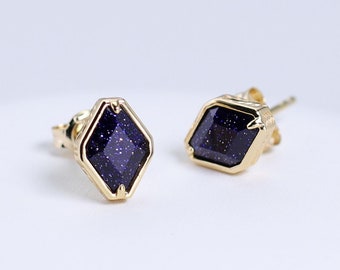 Mimimalist 14K Gold Vermeil Blue Sandstone Stud Earrings, Sterling Silver Blue Goldstone Earring, Gift For Her